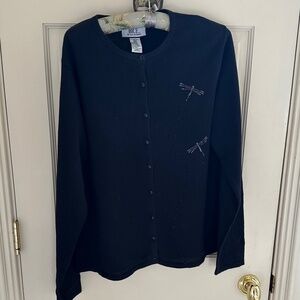 BICE (SAG HARBOR) BLACK CARDIGAN WITH BEADED DRAGON FLY DETAILS-L/NWOT
